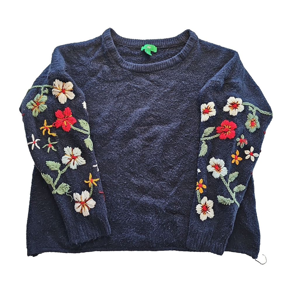 dip Women's XL Navy Floral Embroidered Sleeve Crewneck Sweater Boho Cottagecore